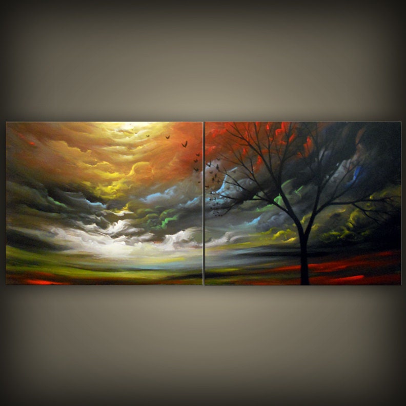 art acrylic abstract painting original wall art wall hanging landscape large original abstract art tree painting acrylic 56 x 22