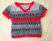 Short Sleeve Sweater for a Baby in Red & Grey HAND KNIT in USA