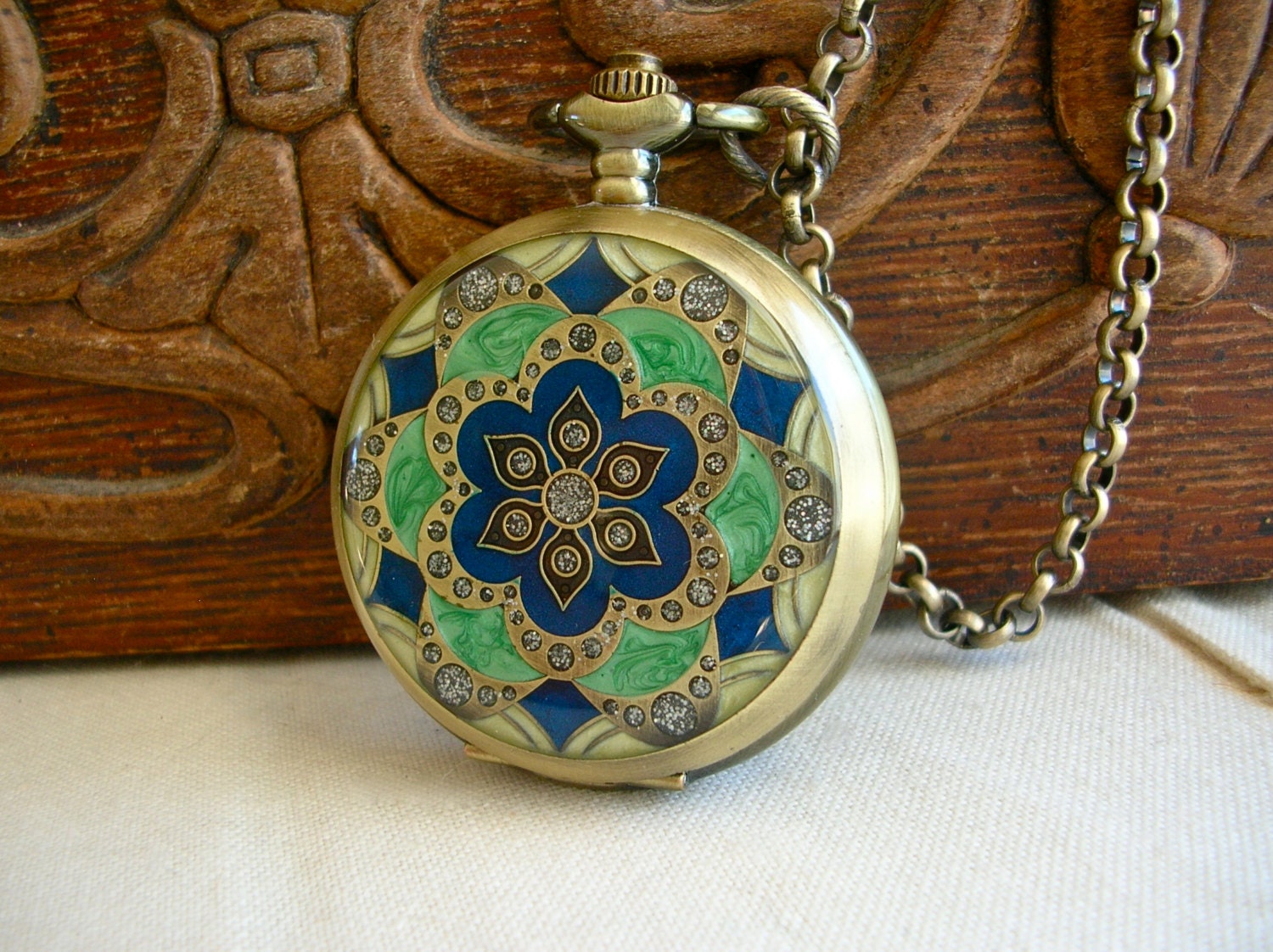 Time for Spring Pocket Watch Necklace with Inlayed Blue and Green Enamel and Crystals on Antiqued Brass