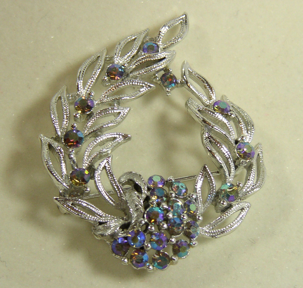 Vintage Lisner Aurora Borealis AB Rhinestones Silver BROOCH Pin Blue Aqua Vitrail