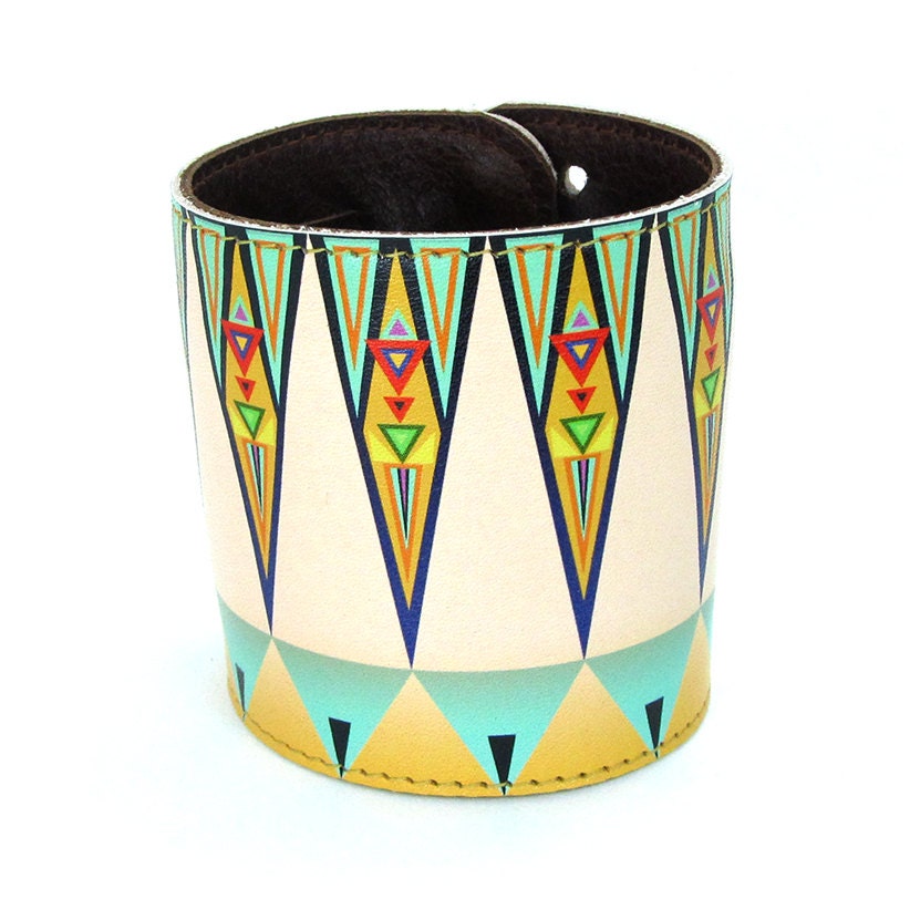 Leather cuff / wallet wristband - Tribal peaks