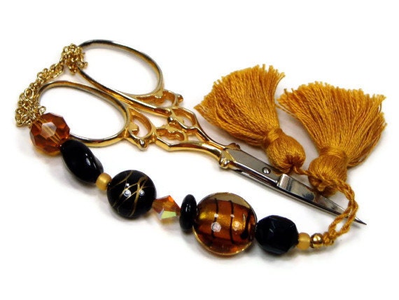 Beaded  Scissor Fob, DIY Crafts, Cross Stitch, Needlepoint, Sewing, Quilting, Black, Gold, TJBdesigns