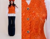 Vintage LACE Vest s/m/l - lace dress up vest, floral print sheer lace, tangerine orange, fitted shape, womens top - FREE Worldwide Shipping