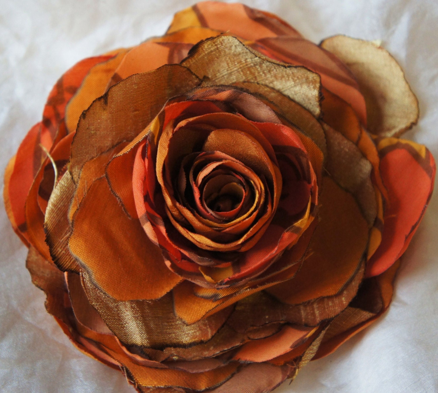Vintage retro bright orange and brown patterned recycled vintage gold silk rose/hair flower/fascinator