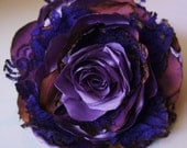 Purple recycled vintage silk satin and lace rose hair flower