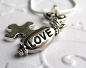 Love and Autism necklace, silver pewter charms, autism awareness jewelry, puzzle piece, parent support, special education teacher gift,