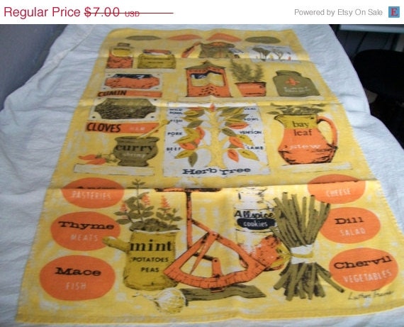 MEMORIAL DAY SALE Vintage Tea Towel, Luther Travis, Herb And Spices