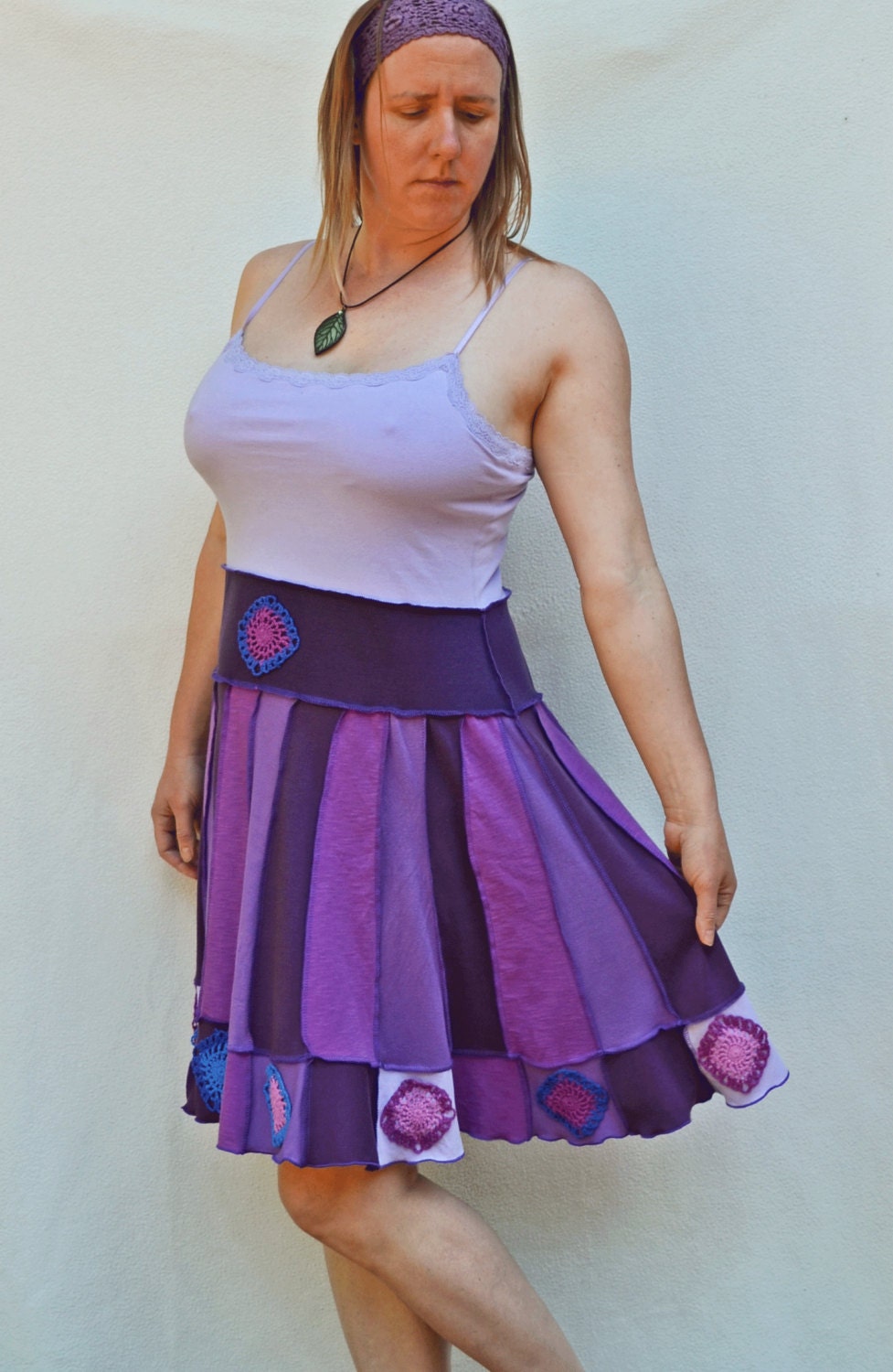 Upcycled Women's Clothing Purple Sundress Jersey Knit Applique Crochet Patchwork Altered Couture Boho Chic Fairy Elf Gypsy Hippie Size L