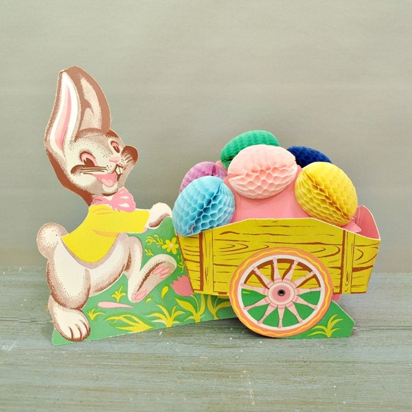 Vintage Beistle Easter Bunny and Cart with Honeycomb Eggs Table Decoration - JustVintage2