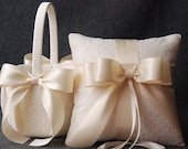 Wedding Ring Pillow and Flower Girl Basket Set - Ivory Lace with Satin Bows - Katherine