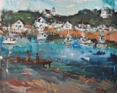 Video Demo Painting Ocean Impressionist Seascape with Maine harbor cove side village by Russ Potak