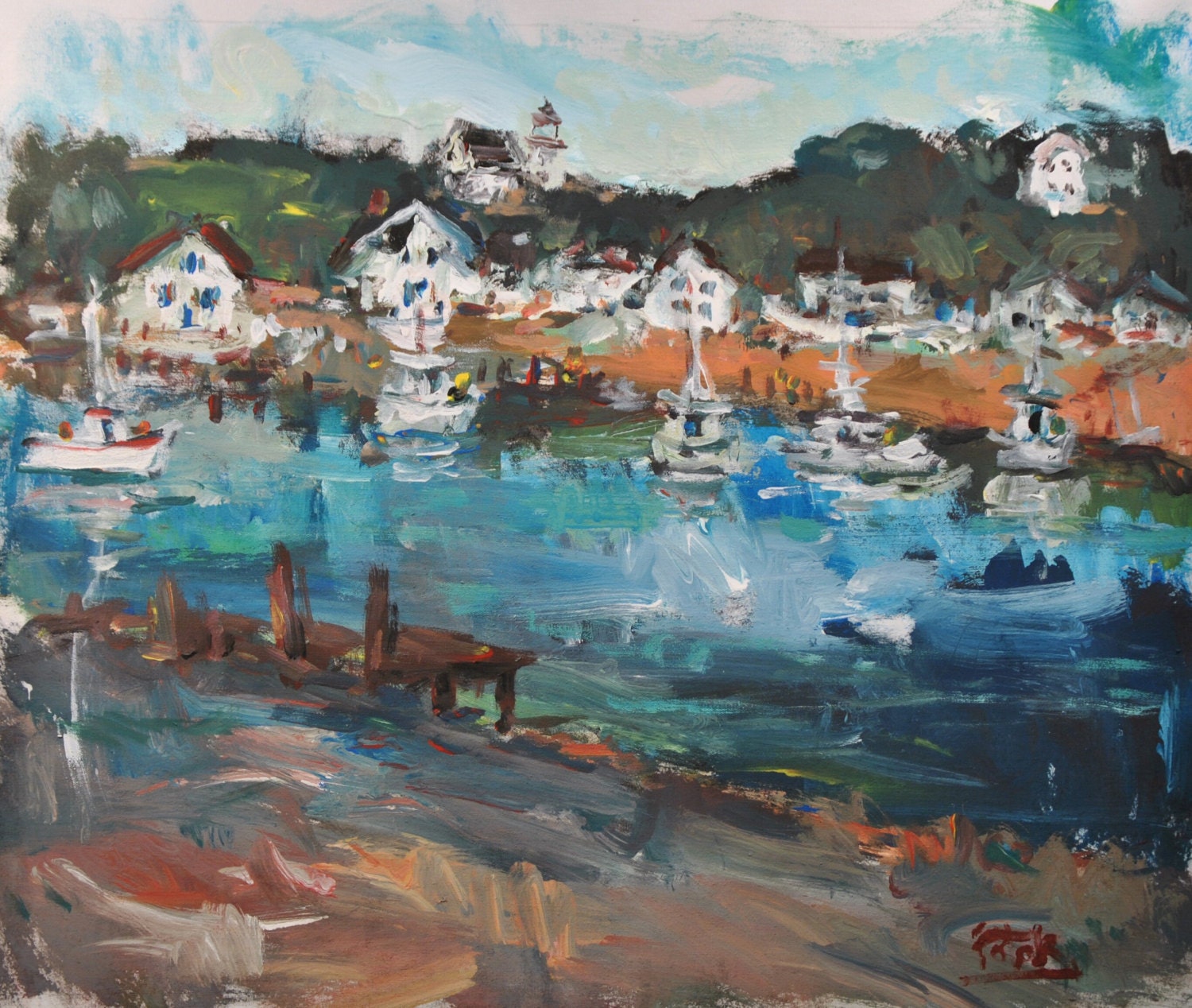 Video Demo Painting Ocean Impressionist Seascape with Maine harbor cove side village by Russ Potak