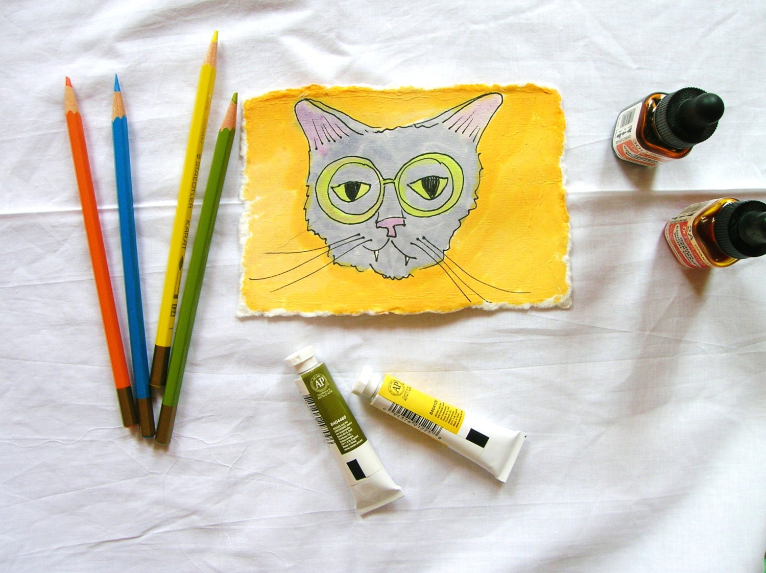 gray cat portrait with green eyes - original watercolor painting - mini illustration sketch - orange background