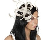 White Four Plus One Loops Fascinator Hat for Weddings, Races, and Special Events With Headband