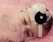 Baby headbands Black and White ..Baby Hair bows..Hair bow..Baptism headband....Christening Headbands....fits toddlers...girls