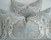 KRAVAT- Decorative Pillow Cover-LATIKA- Seafoam- Greys, Taupey Tan, Seafoam- Grey  Blue , Off White Throw/Lumbar Pillow