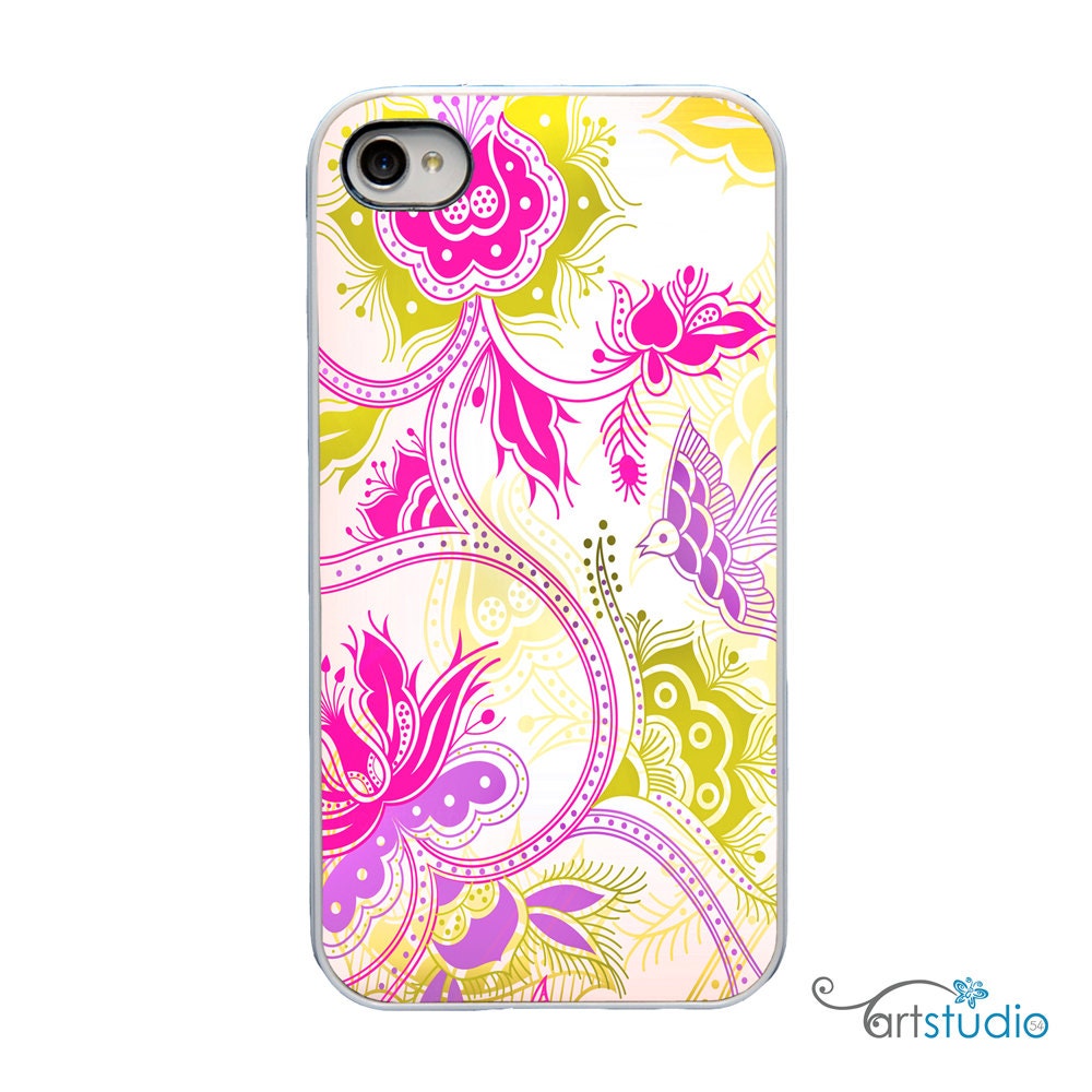 Pink Green Swirly Flowers Bird Fish  - White, Black, Clear Sides iPhone Case - IPhone 4S, 4 or 5 Hard Cover -Case - artstudio54