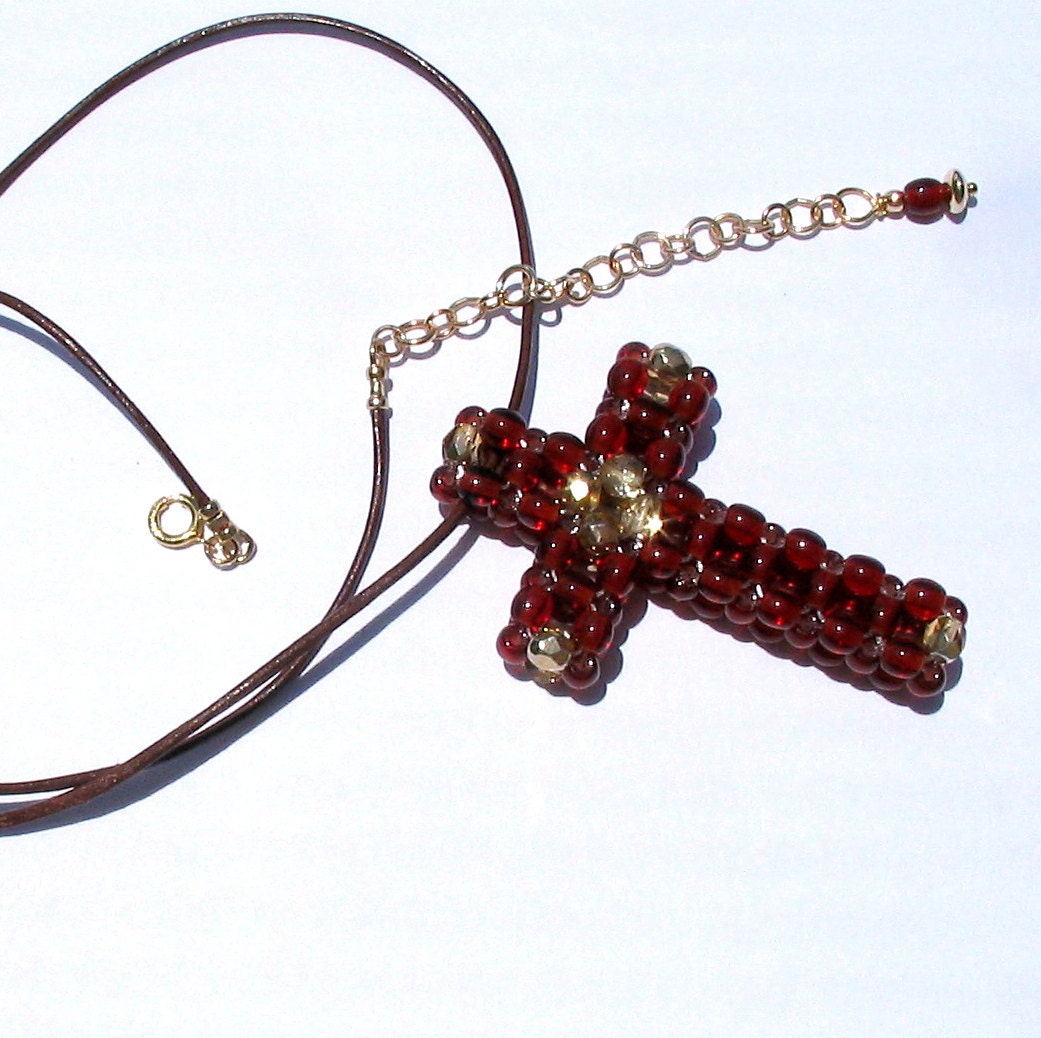 Beaded Garnet Glass Cross Pendant Necklace
