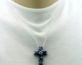 Beaded Cross in Jet Black Beads on Sterling Silver chain