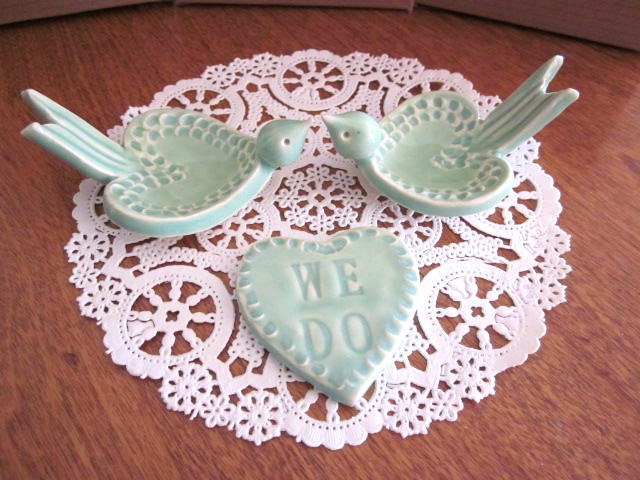 Wedding Cake Topper - We do -  mint green - love birds - Ring holder- Ring dish - ceramic art