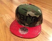 rare. Snap Back Hat, Camo and Red Cap, Faux Snake skin Presale Item