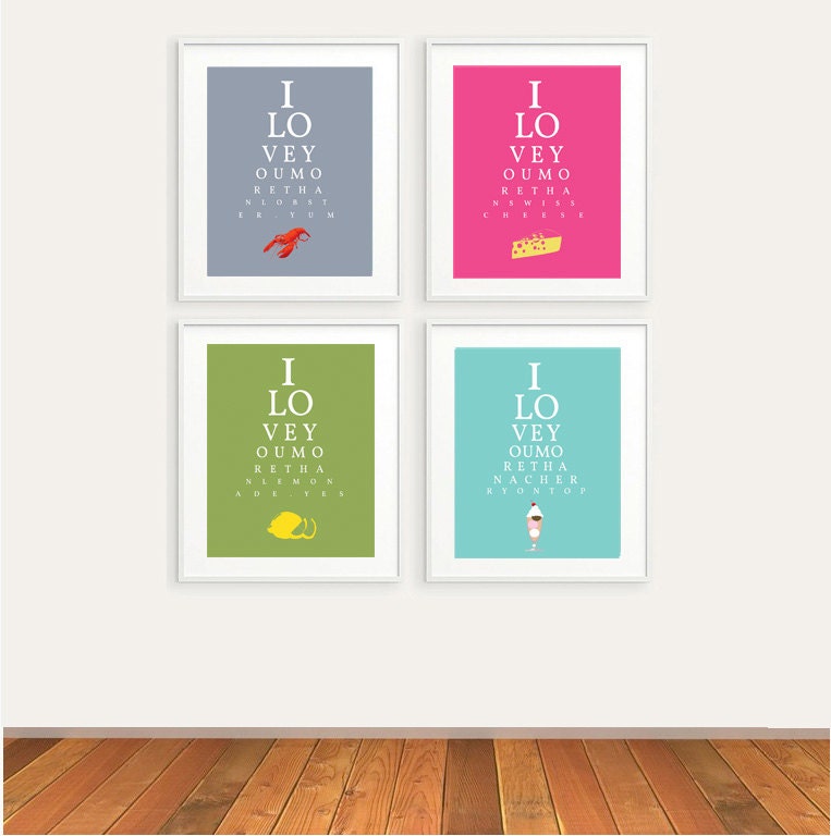 Eye Chart Prints, I love you more than.. Inspirational Kitchen Wall Art, Set of 4 Prints- 8X10 Prints - Kitchen Decor, House Warming