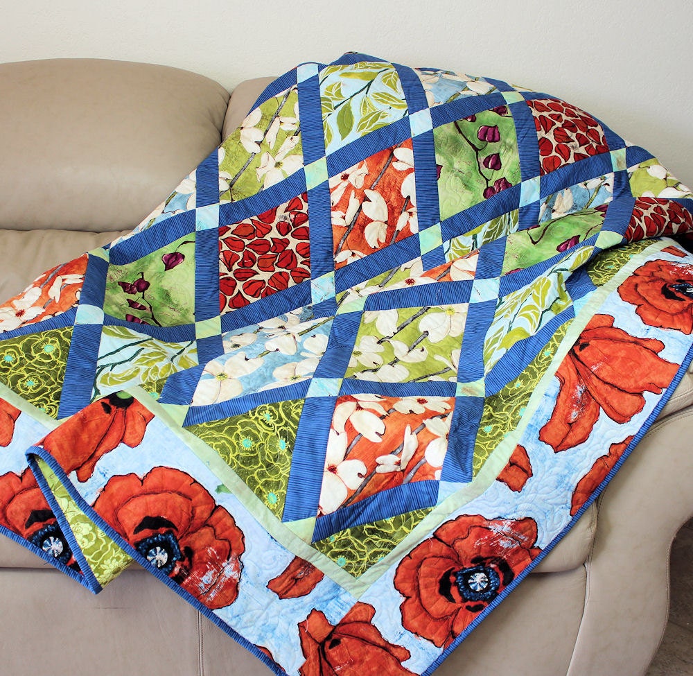 Modern Poppy and Dogwood Lap Quilt or Sofa Throw in Tangerine and Aqua