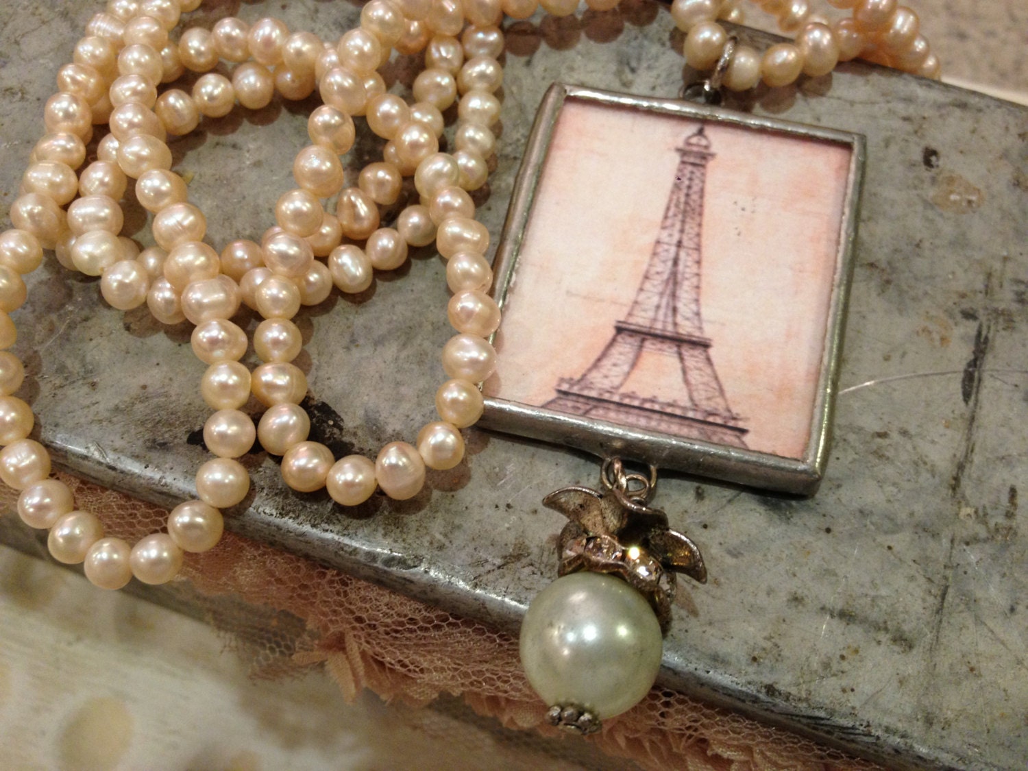Necklace long strand of peach Pearls with Eiffel Tower Pendant