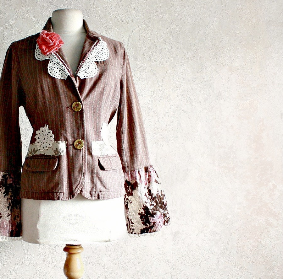 Shabby Chic Jacket Bohemian Blazer Recycled Clothing Brown Pinstripe Vintage Lace Bell Sleeves Retro Clothes Eco Friendly Large 'NINA'