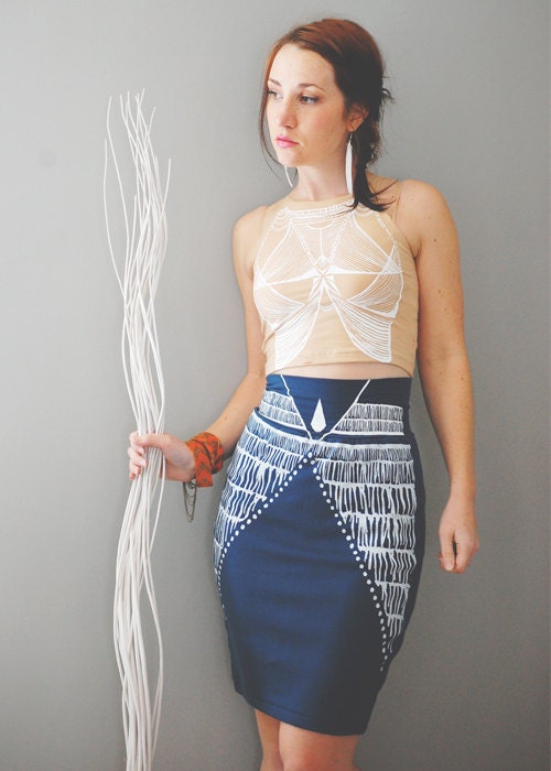 Nyala - Knee Length High Waisted Pencil Skirt - By Bark Decor - Hand Printed Tight Skirt Sea Blue
