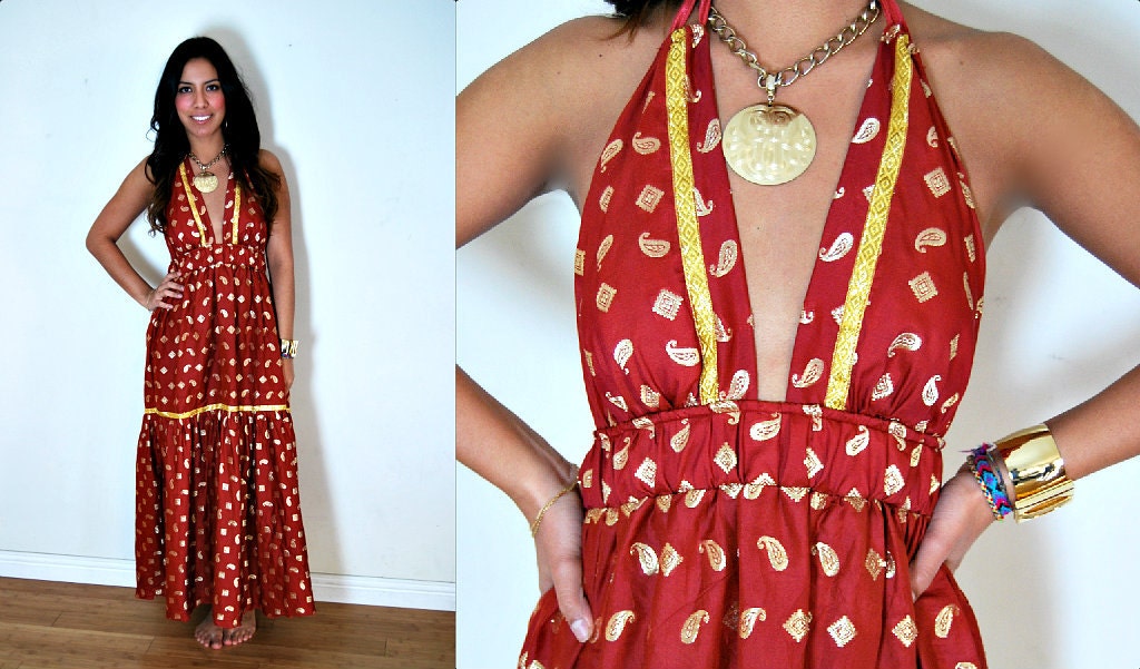 Vintage UPCYCLED Rusty Red & Metallic Gold Paisley Print Tiered Maxi Halter Dress SM