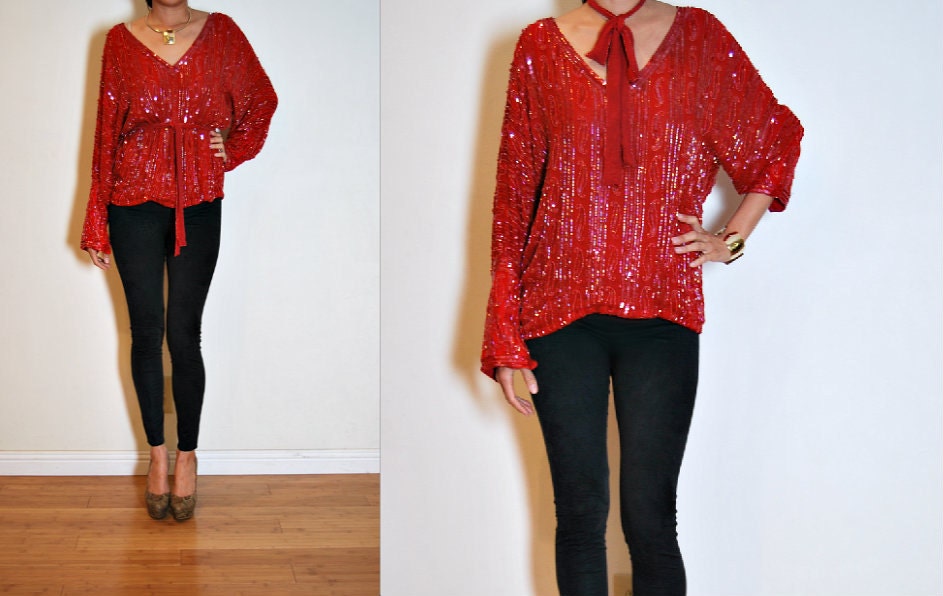 Vtg Red Silk Sequin Beaded Dolman JUDITH ANN Glam Cocktail Tie Waist Blouse Top M