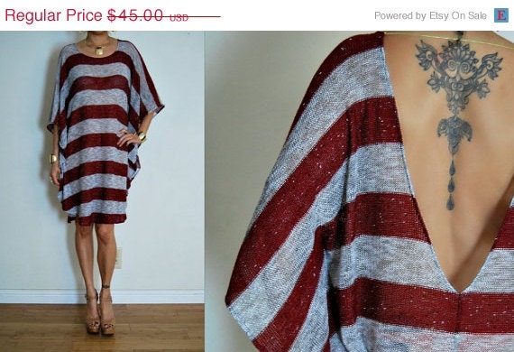 Memorial Day Sale Upcycled Burgundy and Grey Stripe Plunging Backless Caftan Mini Dress S/M/L