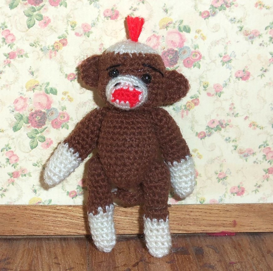 Sock Monkey Miniature Brown Thread Artist Crochet Ready to Ship