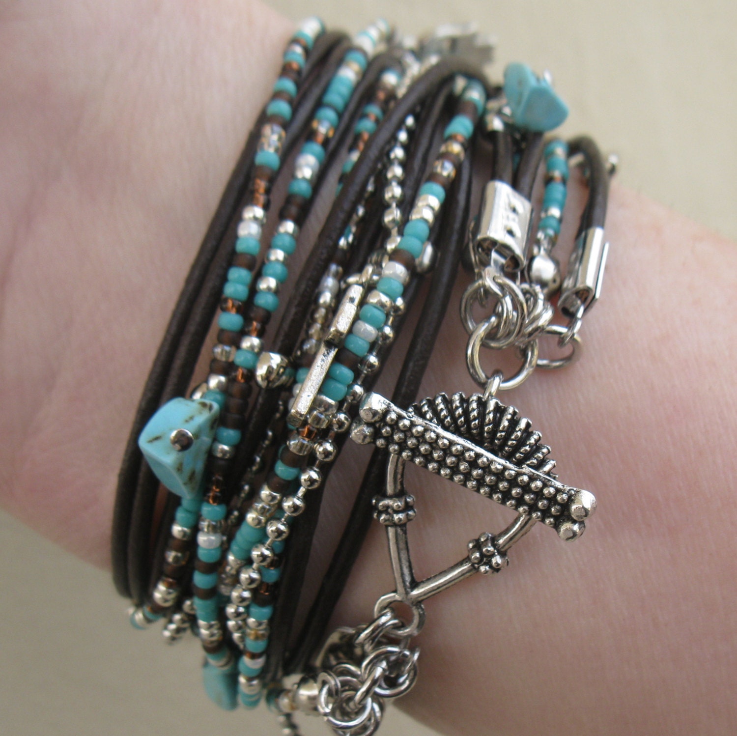 Triple Leather Wrap Bracelet with Silver Accents and Turquoise, Brown and Silver Glass Beads