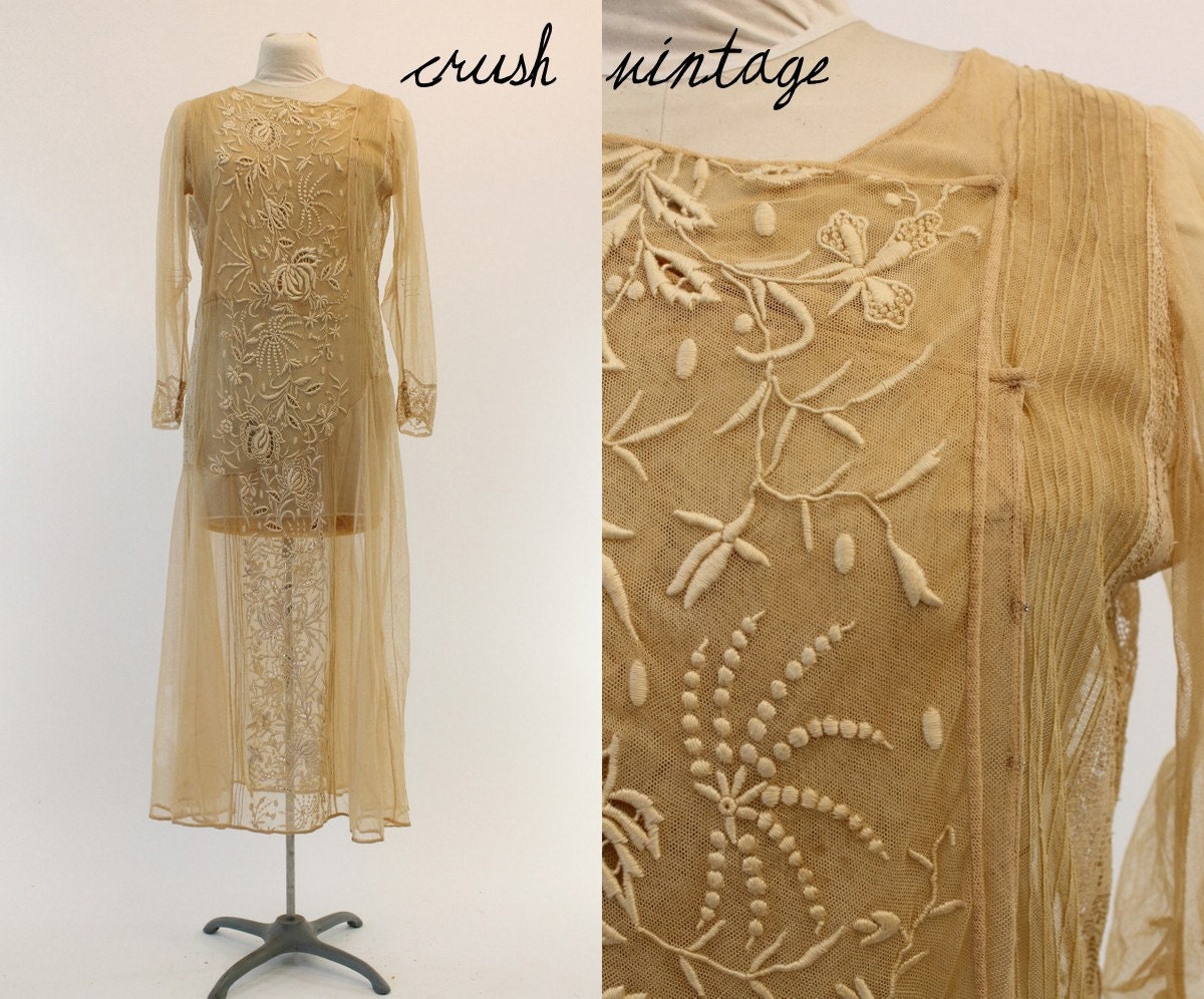 1910 Wedding Dress M/L / Edwardian Embroidered Lace Dress / Secret Garden Dress