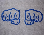 T-Shirt: Knit/Purl Knuckle Tattoos, Blue on Grey