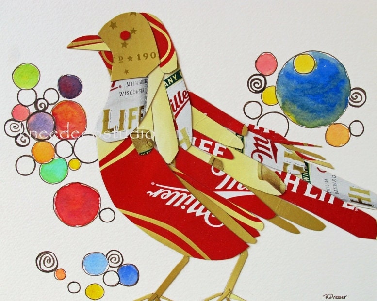 Upcycled Bird Art original mixed media Miller High Life recycled 8x10 wall decor