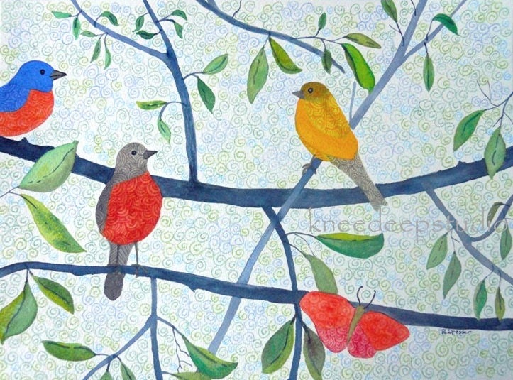 Summer Birds painting original 9x12 watercolor contemporary fine art in mat colorful woodland birds on branches wall decor