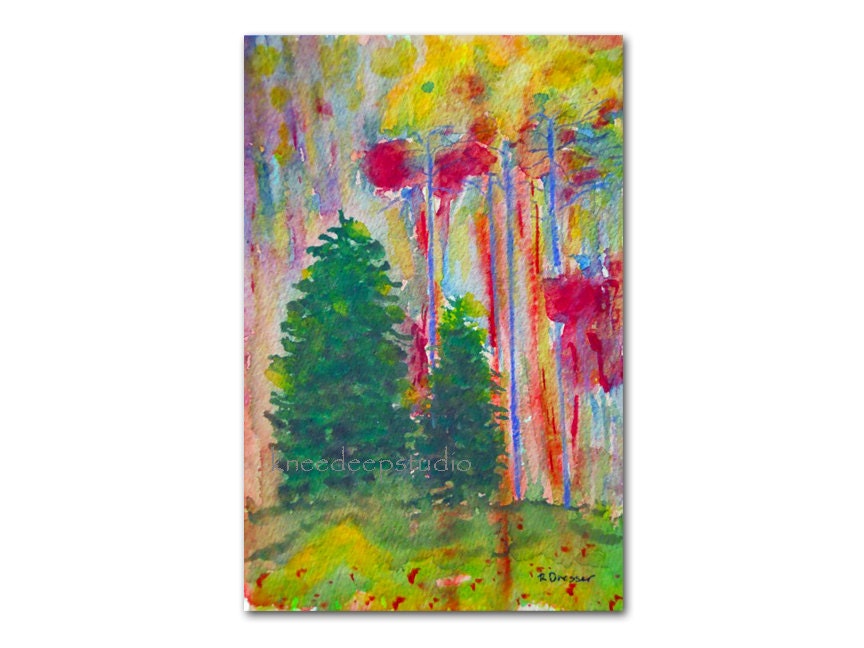 Sunlit Woodland watercolor 4x6 original painting in mat modern fine art landscape pine green bright red sunrise