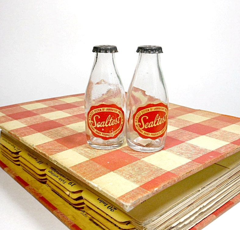 Vintage Salt & Pepper Mini Glass Bottles Sealtest Metal Bottle Caps Mid Century PeachyChicBoutique on Etsy