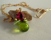 Pink Zircon Corundum Green Chrysoprase Gemstone Charm Bee Necklace with Gold Filled Chain, Spring Fashion, Mother's Day Gift