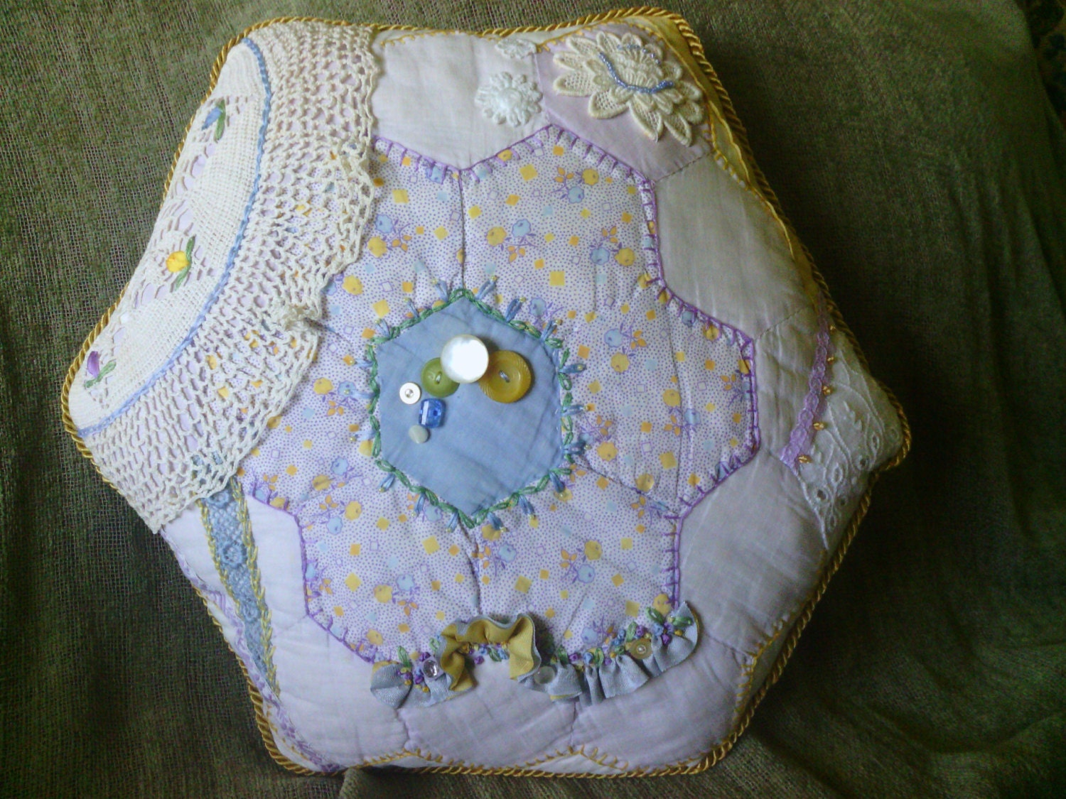 Lilac and Lemon Hexagon Crazy Quilt Pillow