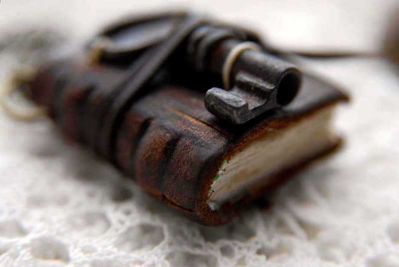 The Secret Key - Miniature Wearable Book, Rustic Brown Leather, Tiny Vintage Key, OOAK