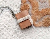 The Ballerina - Miniature Wearable Book, Pastel Pink Leather, Fine Onion Skin Paper, Vintage Lace Tie, OOAK