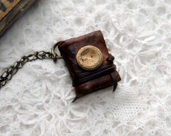 The Old Soul - Miniature Wearable Book, Rustic Brown Leather, Tea Stained Pages, Antique Fabric Button, OOAK