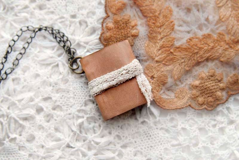 The Ballerina - Miniature Wearable Book, Pastel Pink Leather, Fine Onion Skin Paper, Vintage Lace Tie, OOAK