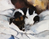 Sleepy, Cute Jack Russell Terrier on White, Blue, Gold Background Blankets - Original Painting by Clair Hartmann