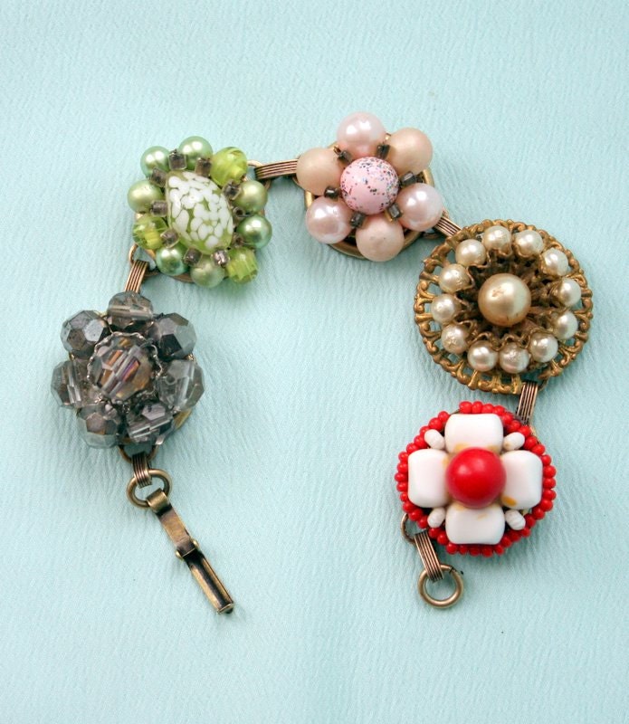 Vintage Upcycled Earring Bracelet Sparkling Multicolor Rhinestones and Pearls