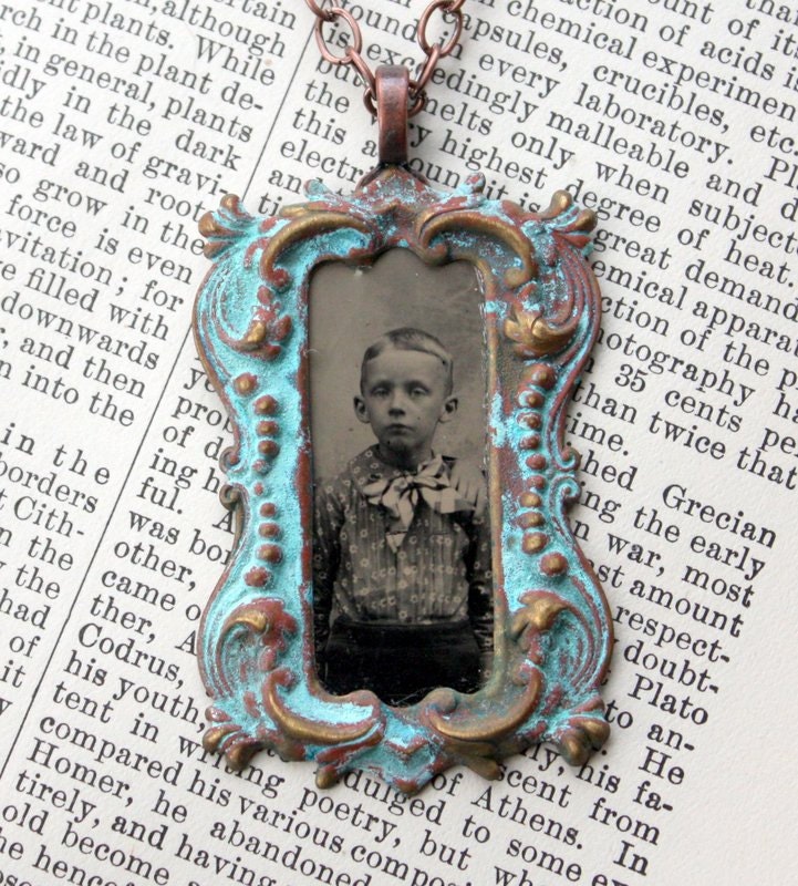 Antique Tintype Pendant Little Boy in Unique Copper Frame